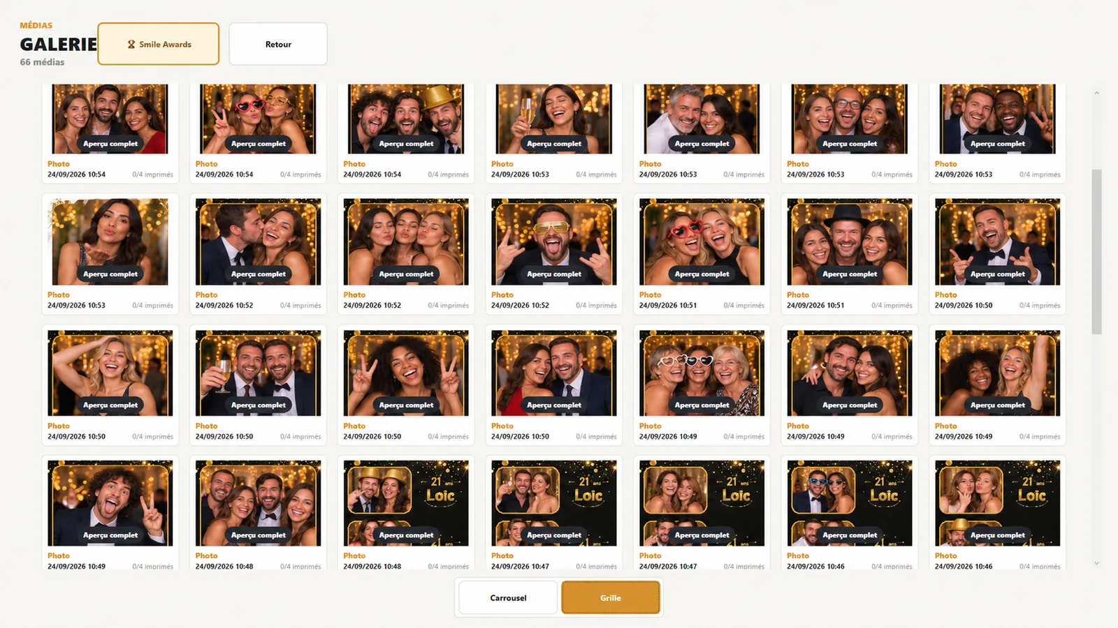 Aperçu de la galerie photobooth avec des photos de personnes fictives