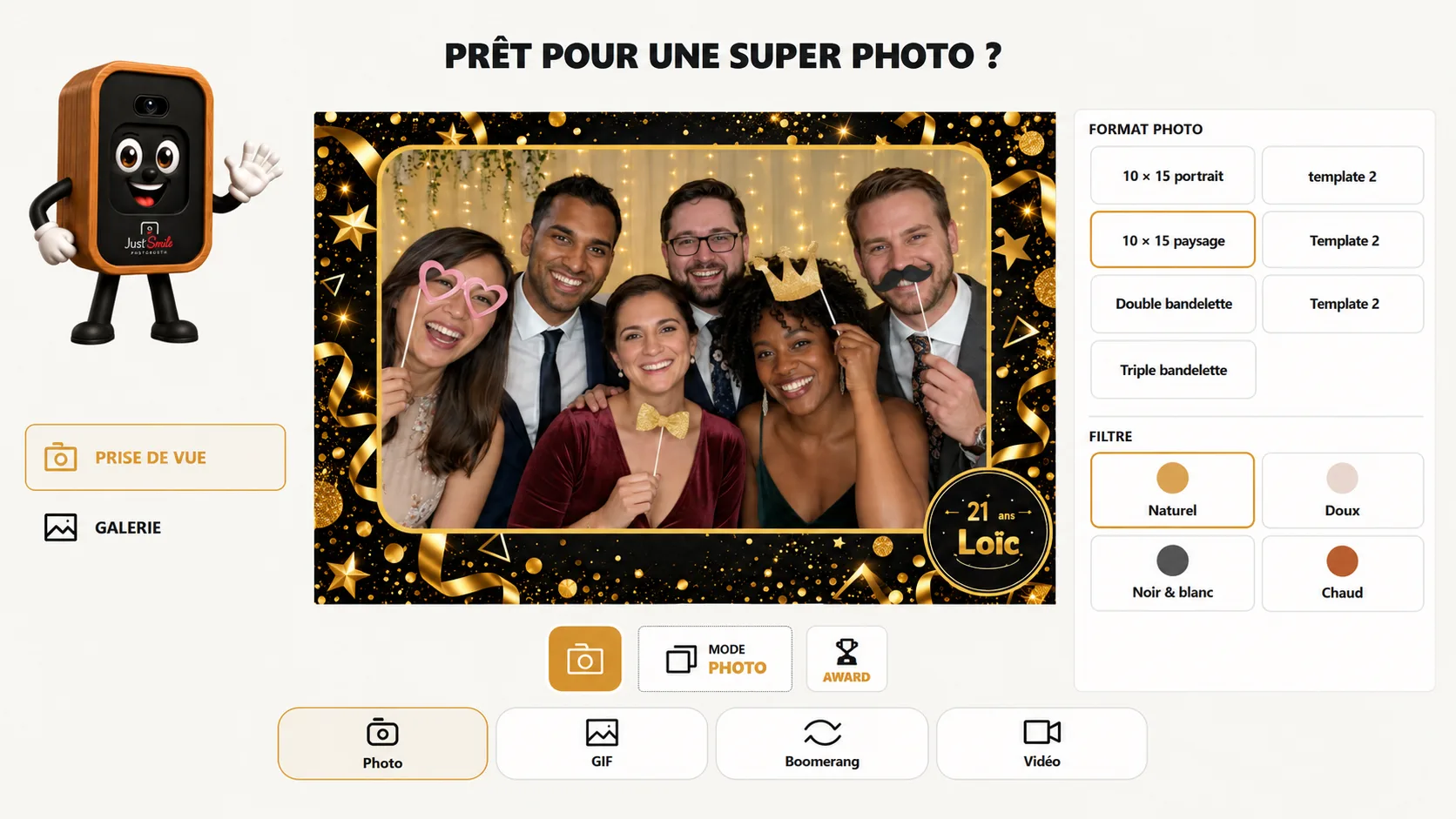 Interface photobooth Just’Smile : aperçu photo, formats, filtres et modes de capture