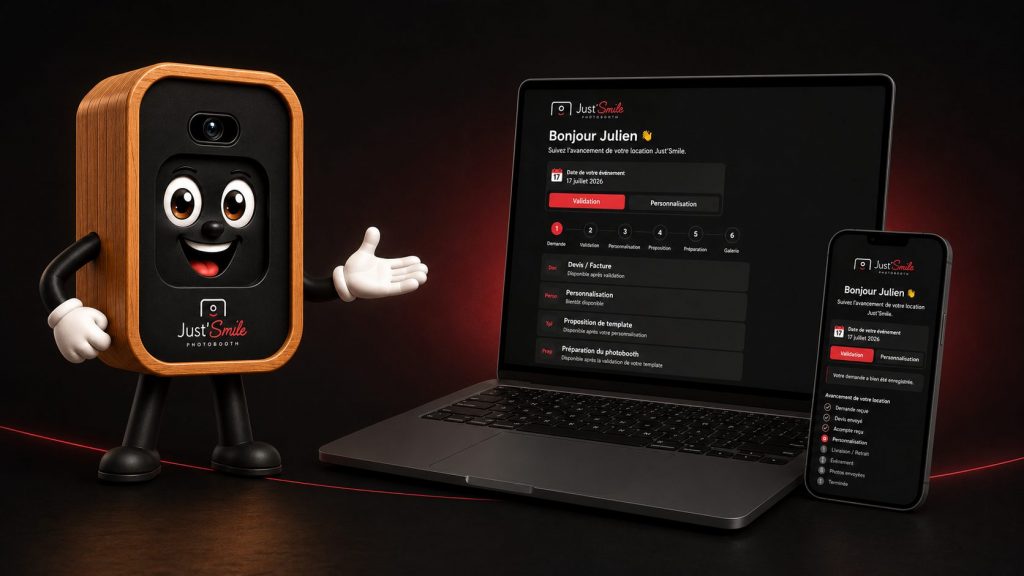 Découvrez le portail client Just’Smile : suivez votre devis, votre acompte, la personnalisation de vos photos et votre galerie depuis un espace unique.